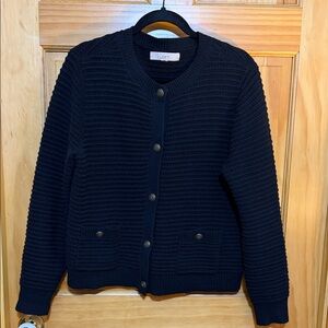 LOFT Black Tweed Pocket Textured Sweater Cardigan with Brass Buttons, Size Large
